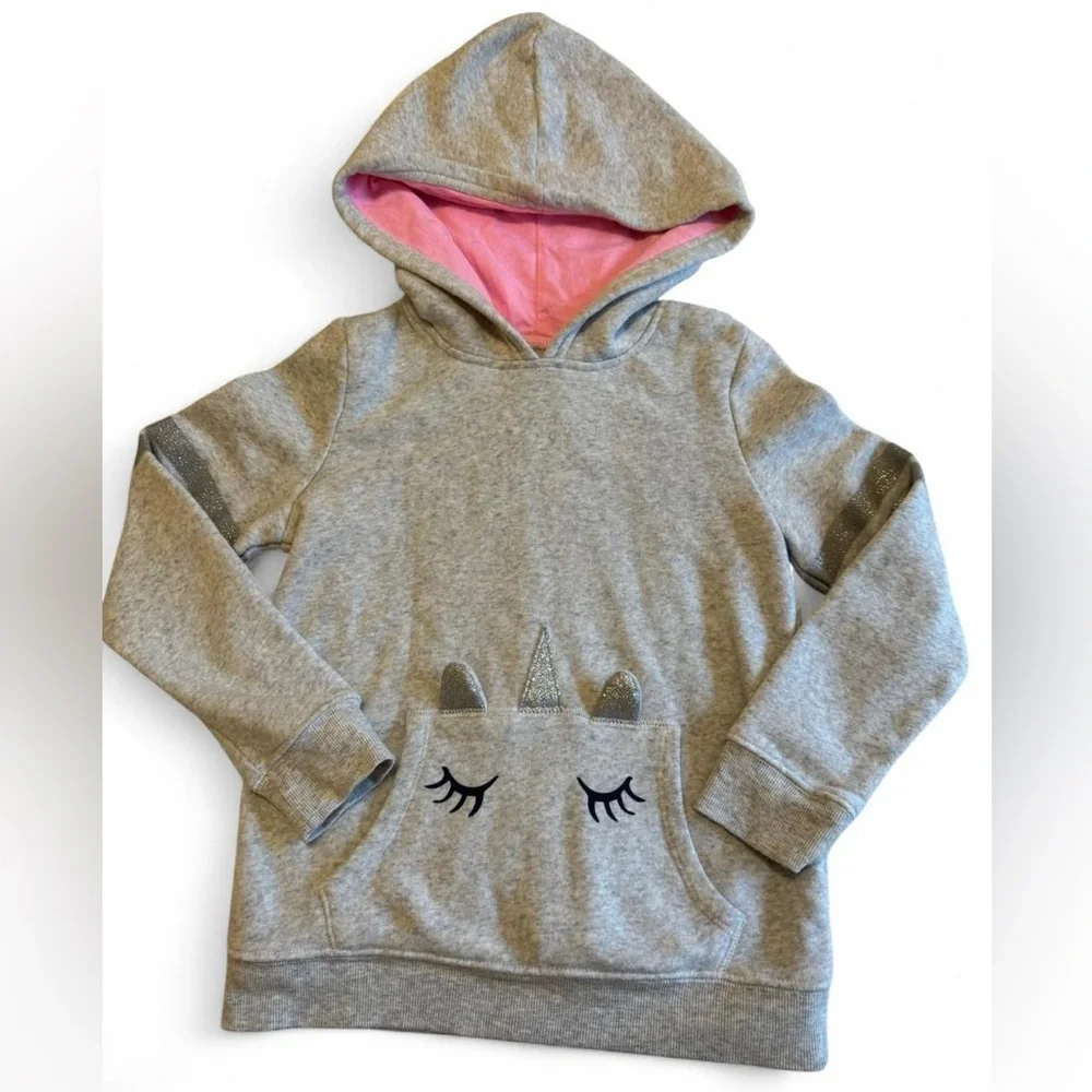 OshKosh B'gosh Girls Unicorn Hoodie Sweatshirt Gray Pink Size 10 Sparkle Cute